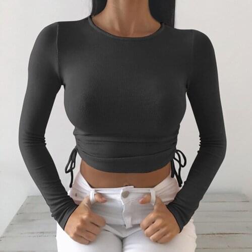 LAISIYI 2020 Casual Ruched Drawstring Basic T-shirt Women Black White Long Sleeve Crop Top T Shirt Lady Autumn Fashion Tee Shirt