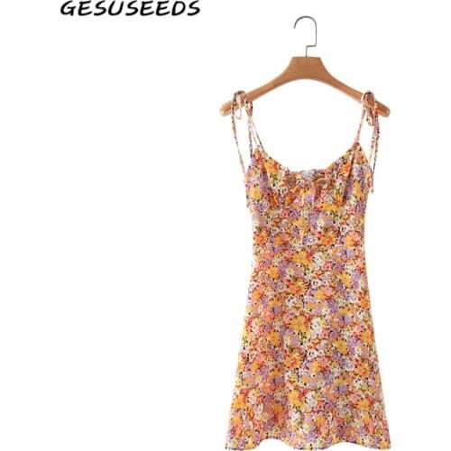 Summer v neck dress korean floral dresses for women 2021 sexy mini dress ruffle spaghetti strap dresses lace up sundress orange