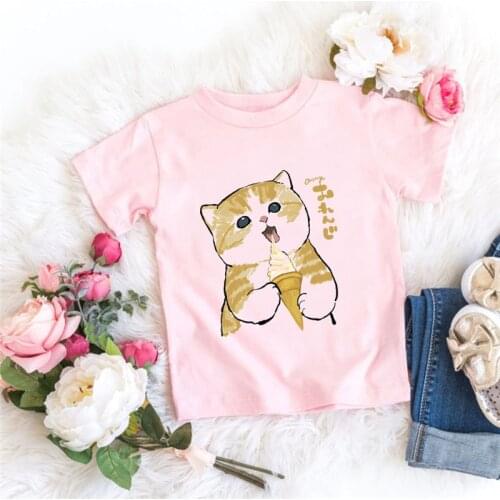 Summer New Fashion Lovely Cat Graphic Printed Pink T-shirt Kids Harajuku Cartoon Short Sleeve Tshirts Boys Girls Casual Tops