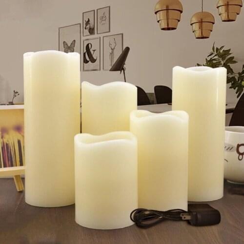 Set of 5 Rechargeable Flameless Flickering Paraffin Wax Led Pillar Candle light Wavy edge Dia.7.5cm Wedding Xmas party Bar-Amber