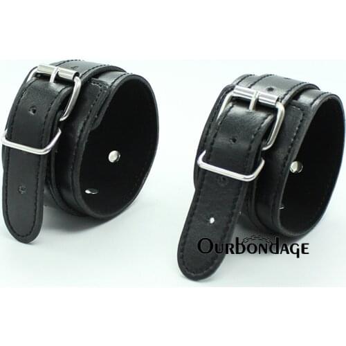 Ourbondage Black PU Leather Short Plush Inner Fetish Bondage Flirting Wrist Ankle Cuffs With Hook For Adult Beginner Sex Toy