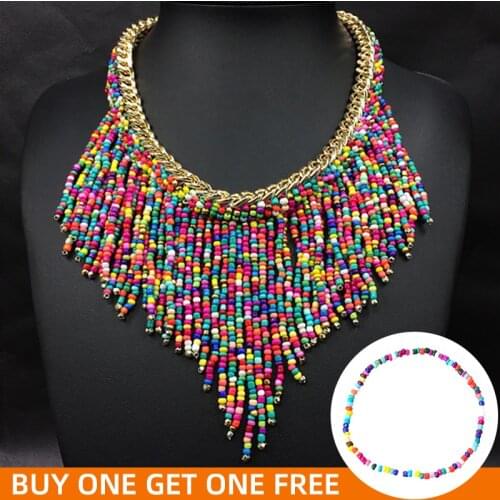 Shineland Bohemian Necklaces Fashion For Women Jewelry Mujer Handwoven Collier Long Tassel Beads Choker Statement Pendants Gift