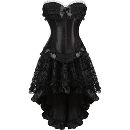 Sexy Burlesque Overbust Corset Bustier Top With Ruffled Satin & Lace Trim Gothic Skirts Women Vintage Steampunk Corset Dress