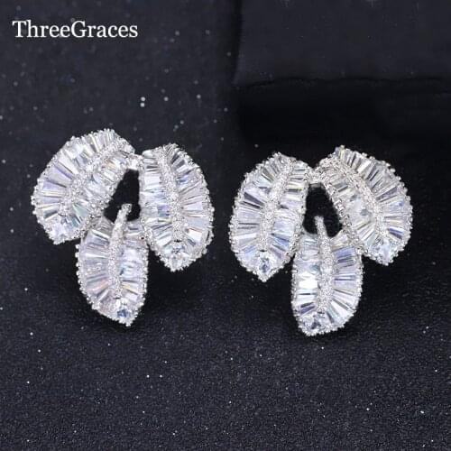 ThreeGraces Ear Female Jewelry Silver Color Micro Inlay AAA+ Cubic Zircon Big Leaf Fashion Stud Earrings Best Friend Gifts ER151