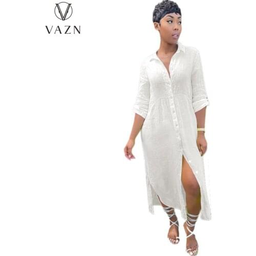 VAZN 2021 Straight Full Sleeve V-neck Solid Casual Maxi Shirt Dresses Sexy Club Birthday Women Elegant Fashion Female Dress