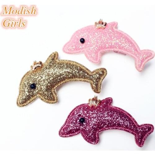 15pcs/lot Animals Cartoon Dolphin Glitter Felt Hair Clips for Women Girls Hotsale Princess Barrettes Pink Hairpin Gold Rose Kids
