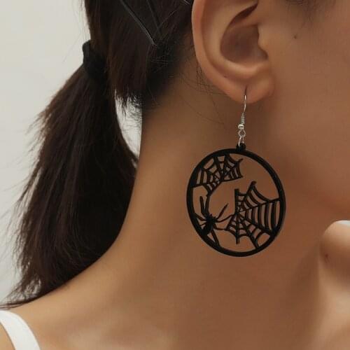 Punk Style Acrylic Halloween Round Circle Hollow Black Spider Earrings Drop Dangle Girls Charm Wedding Party Jewelry Gift