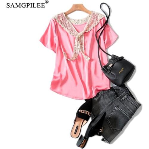 Oversized Shirts Women 2020 T-shirt Brand Women Casual Woven Short Sleeve Lace Black T-shirt Solid O-neck Femme T-shirts 3XL