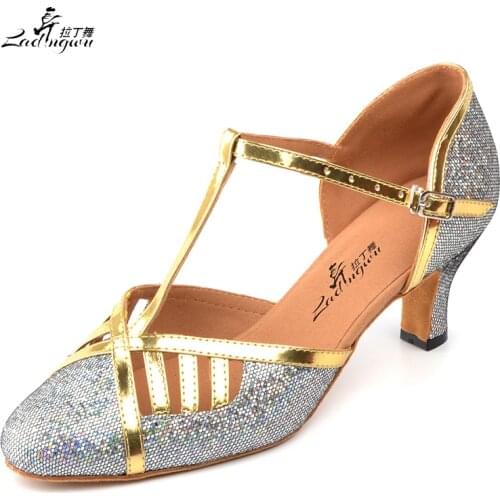 Ladingwu New Brands Flash Cloth and Golden PU Women Closed Toe Soft Bottom Ballroom Latin Dance Shoes Heel 6/7/8.3cm