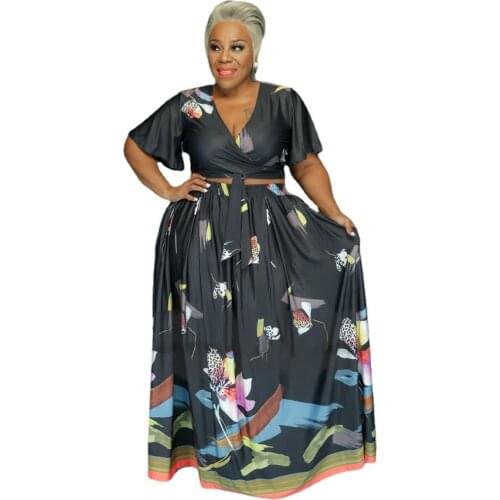 4XL 5XL Plus Size Womens Clothing 2 Piece Set Flower Print Bodycon Tops And Long Maxi Skirts Big Size 3XL Matching Sets
