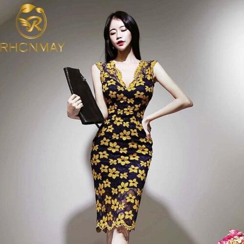 2020 Korean Summer Embroidery Floral Lace Sheath Dress Women yellow Sexy V Neck Bodycon Hollow Out Sleeveless Party Dress