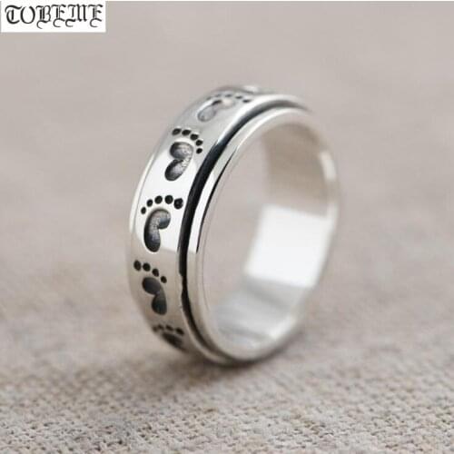 100% 925 Silver Foot-print Spinning Ring 925 Sterling Turning Ring Pure Silver Good Luck Ring