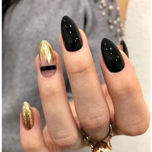 24Pcs Detachable Black Gold Glitter Pointed Stiletto Fake Nails with glue Oval Head Wearable Nail Full Cover press on Nails