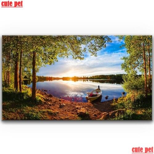 Large DIY diamond painting Forests Boats Rivers Evening sunsets 5d full diamond Mosaic Embroidery Cross Stitch Decor puzzle