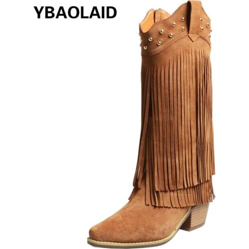 Tassel Boots for Fall/winter 2021 New Pointed Rivet Tassel Side Zipper Thick High Heel Neutral Handsome Mid-tube Knight Boots