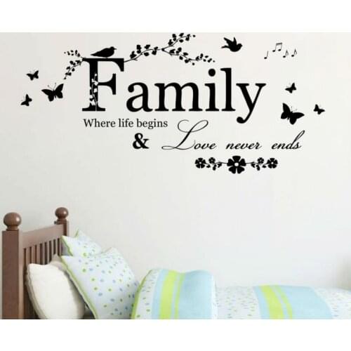 Black Family Love Never End Quote Wall Sticker Vinyl Wall Decal Wall Lettering Art Words Home Decor Wedding Living Room Decor
