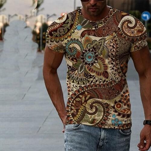 2021 Summer Casual Short Sleeve Vintage T-Shirt Men Fashion Ethnic Style Crew Neck Oversize Loose Tops