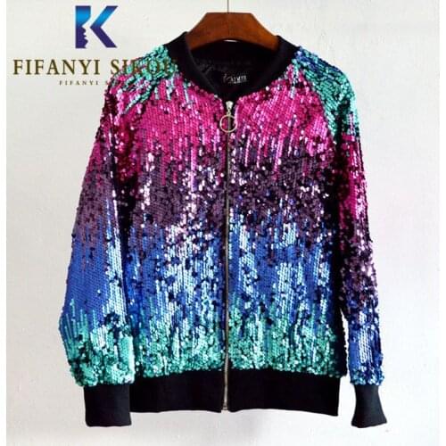 Gradient Color Fashion Sequins Bomber Jacket Women O-Neck Zipper Loose Harajuku Jackets Streetwear Short Coat Female 2021 New