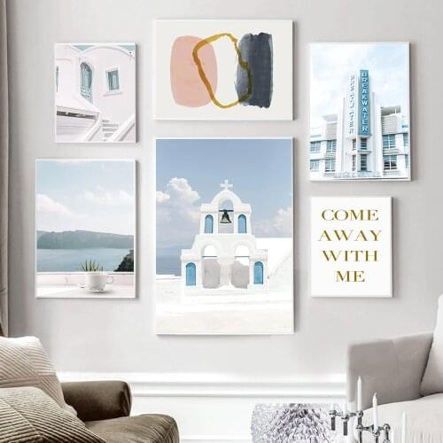 Greece Aegean Sea Santorini Windmill Landscape Painting Travel Poster Canvas Print Nordic Wall Art Picture Modern Living Room