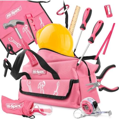 Hi-Spec 18pc Pink Grils Tool Set Real Home Tool Set Samll Size Learning DIY Tool Kit Set Woodworking Hand Tools in Storage Bag