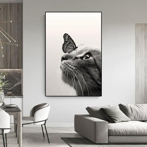 Black White Animal Cat Butterfly Art Canvas Painting for Living Room Wall Art Posters Prints Modern Bedroom Home Decor Pictures