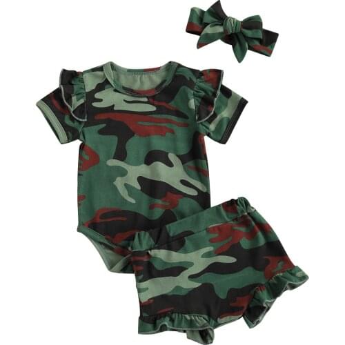 3Pcs Baby Girls Clothes Camouflage Outfits Short Sleeve O Neck Romper,Ruffle Shorts Headband Infant Toddler Summer Sets 0-18M