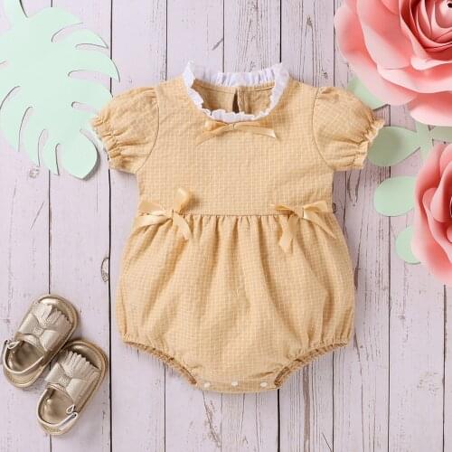Newborn Infant Baby Girls Summer Bodysuits Short Sleeve Plaid Bowknot Romper Playsuits College style Baby Clothes 2021 New