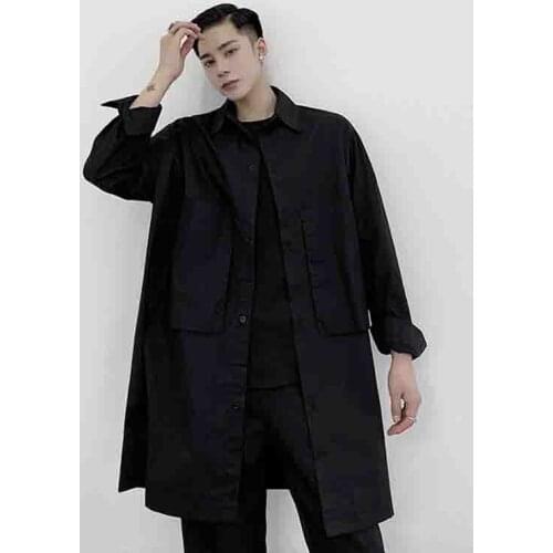Handsome big pocket fashionable shirt dark shirt mens work clothes Yamamoto middle length loose hairdresser autumn