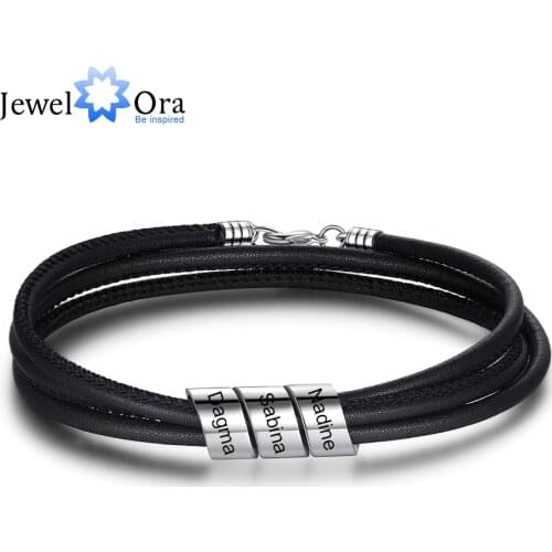 JewelOra Stainless Steel Personalized Engraved Family Names Beads Bracelet Custom Black Leather Men Bracelets Gift for Boyfriend