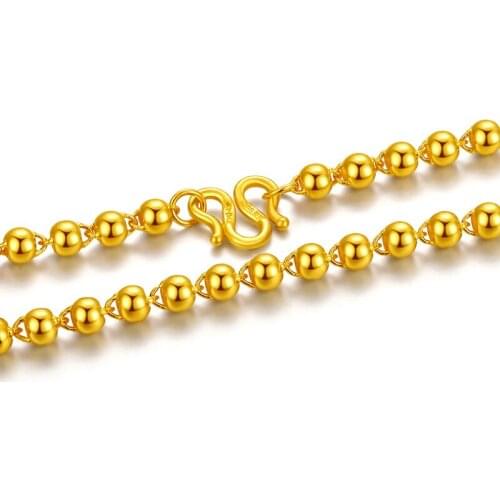 Solid 24K Yellow Gold Necklace Women 4mm Smooth Beads Necklace Chain 12.82g