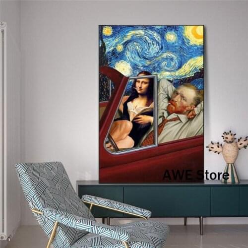 Funny Art Van Gogh and Mona Lisa Driving Canvas Posters Abstract Smoking Oil Paintings on Canvas Wall Pictures Home Wall Decor