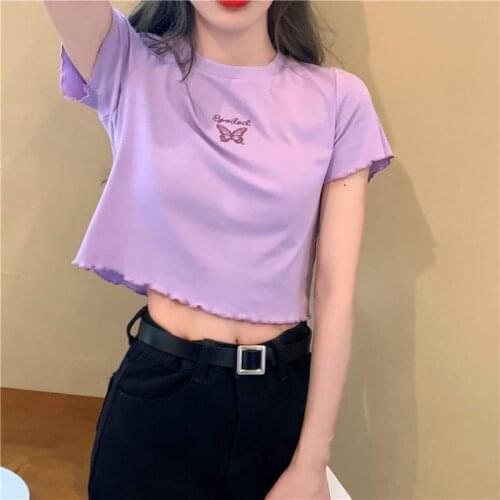 2021 Summer Short T-shirt Women Slim Printbutterfly Embroidery Short Sleeve Top Women