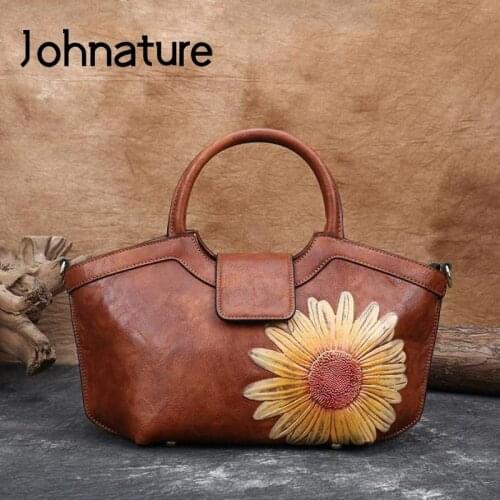 Johnature Retro Leather Women Handbag 2020 New Handmade Embossed Shoulder Bags Casual Tote Large Capacity Lady Messenger Bag