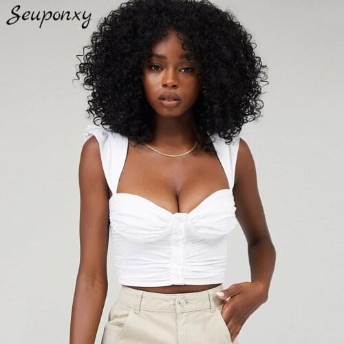 High Quality Womens Elegant White Short Top 2021 Summer Sexy Sleeveless V-neck Backless Single Breasted High Street Vest
