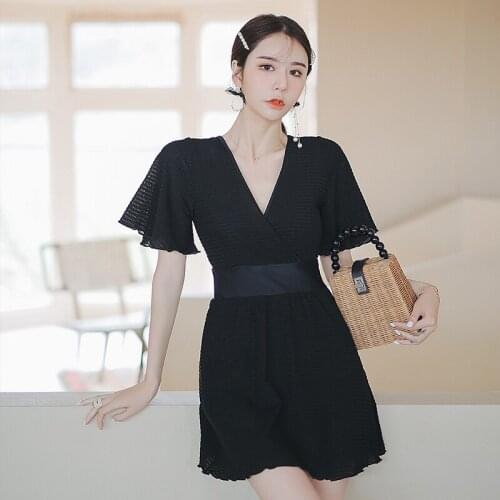 Plus Size Short Sleeve Swimsuit Women One Piece Solid Swimwear V-neck Korean Style Black Bathing Suit L-4XL Skirts Pad Wire-free