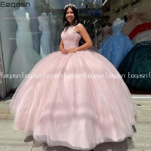 Pink Ball Gown Quinceanera Dress Long vestidos de 15 años 2021 Applique Corset Back Lace Sweet 16 Dress Pageant Gowns