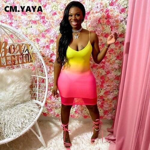 CM.YAYA Women Mini Dress Gradient Color Spaghetti Strap O-neck Sheath Elastic Above Knee Length Dresses Fashion Sexy Outfit 2021