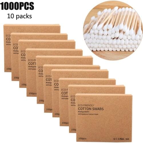 10packs=1000pcs Bamboo Cotton Swab Wood Sticks Disposable Cotton Buds for Beauty Makeup Nose Ear Cleaning Tool eco-friendly Swab