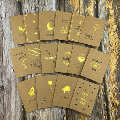 16pcs/lot Handwritten Blank Kraft Greeting Card with Gold Printing Blank Postcards Birthday Invitations Wedding Namecard