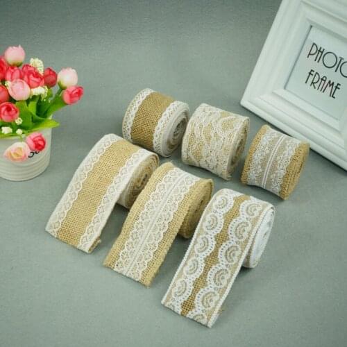 7pcs/lot mix design 2Meter/roll jute burlap ribbon with write lace rustic wedding decoration centerpieces DIY Vintage decoration