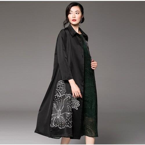 Silky fabric long trench female plus size embroidery windbreaker coat female single-breasted oversize trench outerwear wq1453