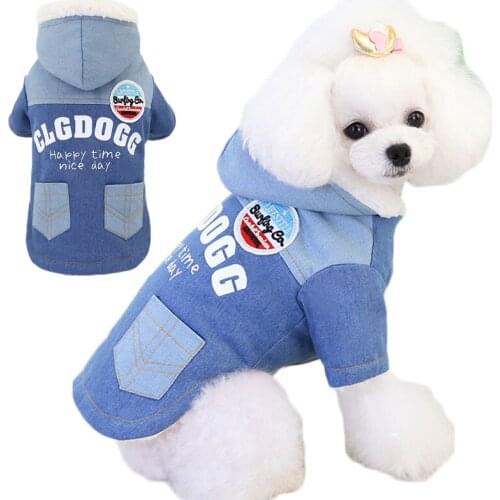 Denim Cloth Dog Clothes Winter Cotton-Padded Jacket Thicken Fleece Hooded Hoodies Cat Jean Coat Apparel For Small Dogs Chihuahua