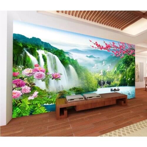 Custom Photo Wallpaper Landscape waterfall lake flower TV background wall Wallpaper 3d Mural For Living Room