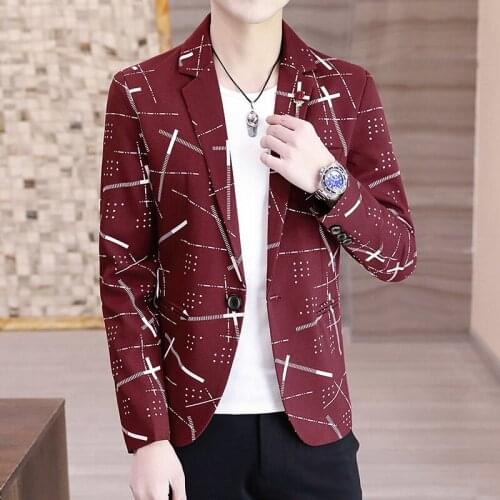HOO 2021 Mens New Casual Printed blazer Youth Slim Handsome blazer