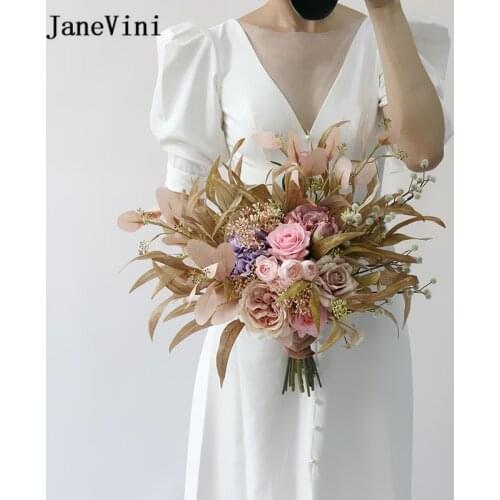JaneVini Vintage Pink Wedding Hand Bouquet Flower for Bride Artificial Silk Roses Real Touch Autumn Wedding Bouquets Accessories