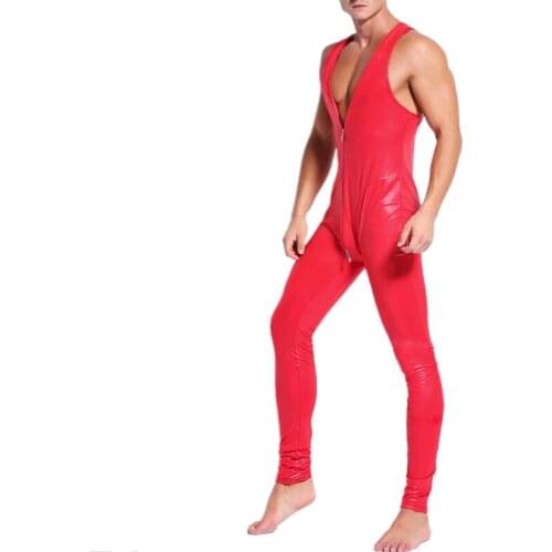 Faux PU Leather Men Sexy Bodysuit Zipper Erotic Jumpsuit Club Stage Costume Gays Sex Lingerie Sleeveless Leotard Overalls NEW