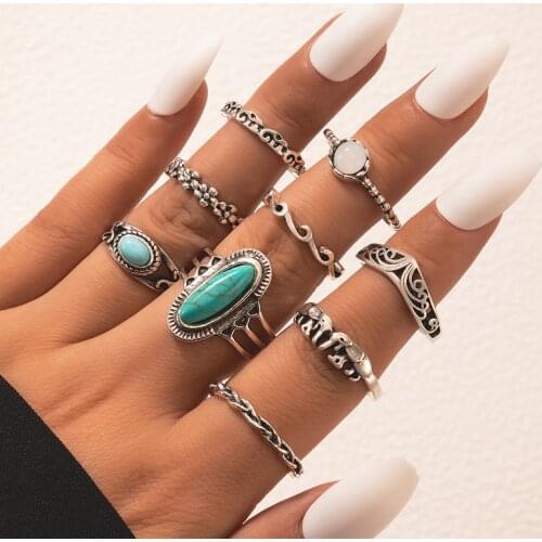Tocona 9pcs/Set Boho Elephant Flower Wave Carved Knuckle Midi Finger Rings Set for Women Antique Silver Color Rings Jewelry 3589