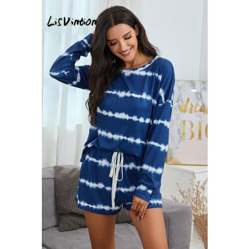 Women 2pcs Elastic Sleepwear Tie Dye Long Sleeve+ Short Pant Casual Sport Cute Outfits for Female Set