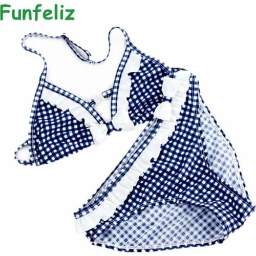 Funfeliz Girls Swimsuit Plaid bikini set for Girls 4-16 Years Kids Swimming suits 3 Colors children Swimwear