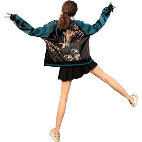 Luxury Carp Embroidered Jackets Smooth Women Clothing Yokosuka Souvenir Spring And Autumn Casual Loose Baseball Outerwear Coats